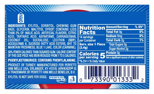 Airheads Sugar Free Chewing Gum, Blue Raspberry, 14 Sticks (12-Pack)