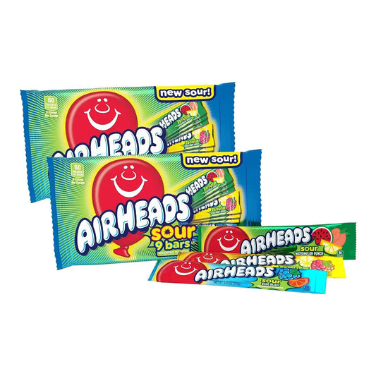 Airheads SOUR Candy Bars, Sour Watermelon Punch, Blue Blast, Lemon Berry Squeeze, 9 Bar Movie Theater Box, (Pack of 2)