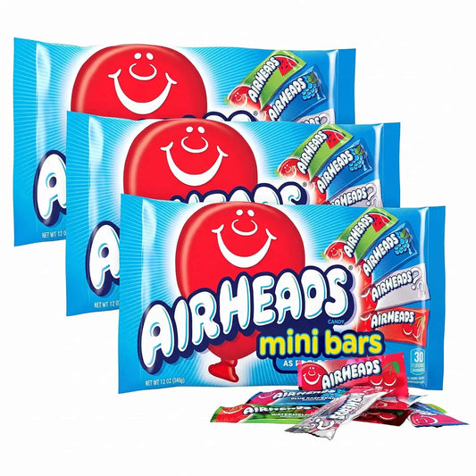 Airheads Candy, Variety Bag, Individually Wrapped Assorted Fruit Mini Bars, Party, Non Melting, 12oz (1 Bag) (Pack of 3)