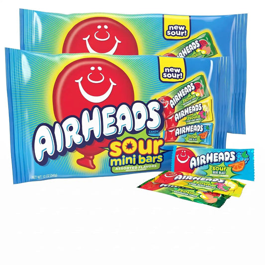 Airheads Mini SOURS Candy Bars,Sour Watermelon Punch,Blue Blast,and Lemon Berry Squeeze 12oz Variety Bag,(Pack of 2)