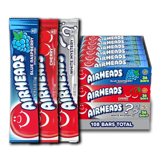 Airheads Taffy Candy Bars Assorted Flavor Bundle: Cherry, White Mystery, Blue Raspberry, Individually Wrapped Candy for Adults & Kids, Treat Bags & Party Favors, 36 Bars (Pack of 3)