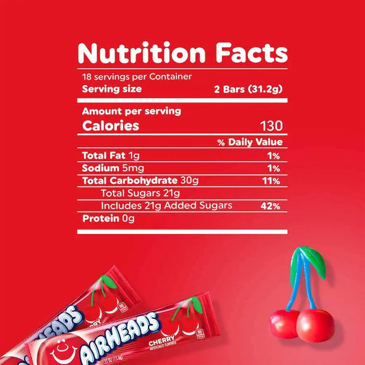Airheads Full-Size Candy Bars, Cherry, 36 Count Box
