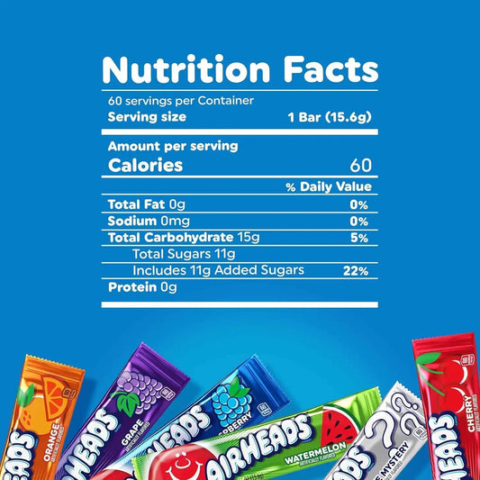 Airheads Full-Size Candy Bars, Taffy Candy Bulk Variety Pack, Individually Wrapped, Six Assorted Fruit Flavors Artificially Flavored, 60 Count Box (Pack of 2)