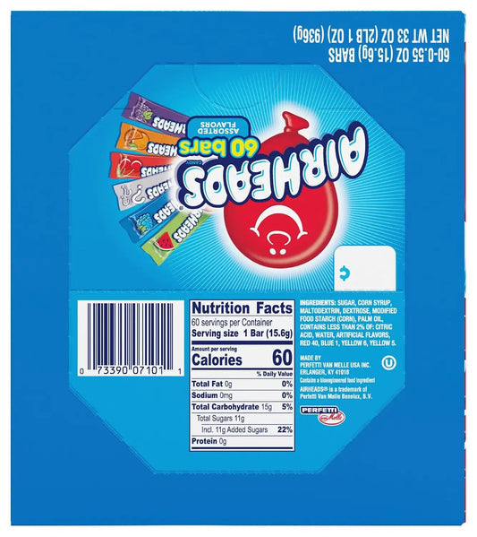 Airheads Full-Size Candy Bars, Assorted Taffy Variety Pack, 60 Count Box
