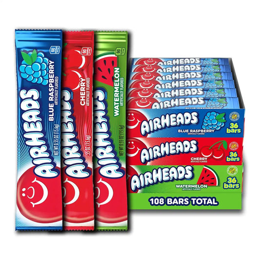 Airheads Taffy Candy Bars Assorted Flavor Bundle: Cherry, White Mystery, Watermelon, Individually Wrapped Candy for Adults & Kids, Treat Bags & Party Favors, 36 Bars (Pack of 3)