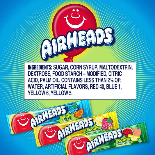 Airheads Sour Full-Size Candy Bars, Taffy Variety Pack, 9 Count Bag