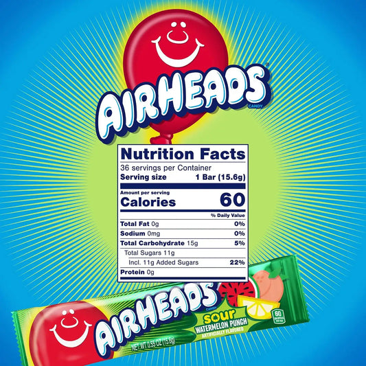 Airheads Sour Full-Size Candy Bars, Sour Watermelon, 36 Count
