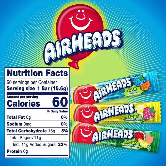Airheads Sour Full-Size Candy Bars, Taffy Variety Pack, 60 Count Box