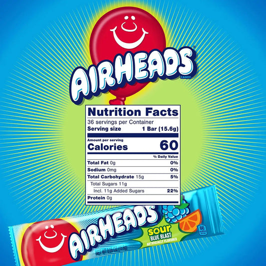 Airheads Sour Full-Size Candy Bars, Sour Blue Blast, 36 Count